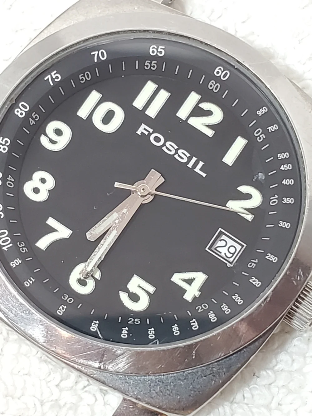 Vintage Fossil Men's Date Stainless Steel Quartz Watch Black Dial One Jewel